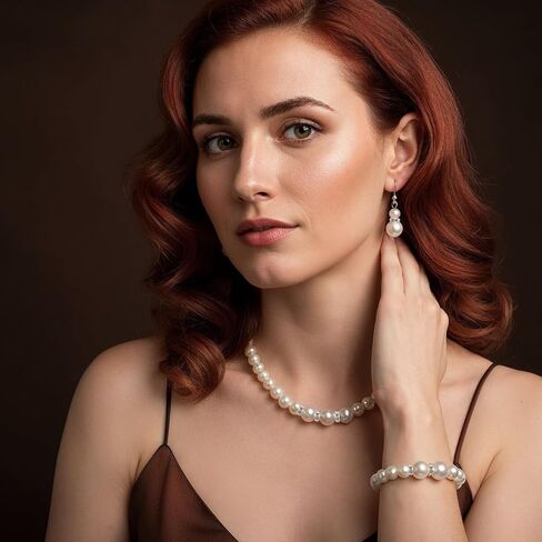 Yolev Pearl Jewelry Set for Women White Faux Pearl Earrings and Necklace Bracelet Set Rhinestone Crystal Pearl Set Jewelry for Women Bridal Wedding Birthday Valentine Christmas Day Gifts in Saudi Arabia