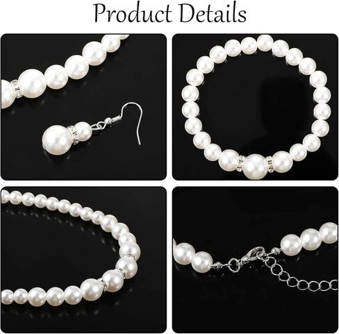 Yolev Pearl Jewelry Set for Women White Faux Pearl Earrings and Necklace Bracelet Set Rhinestone Crystal Pearl Set Jewelry for Women Bridal Wedding Birthday Valentine Christmas Day Gifts in Saudi Arabia