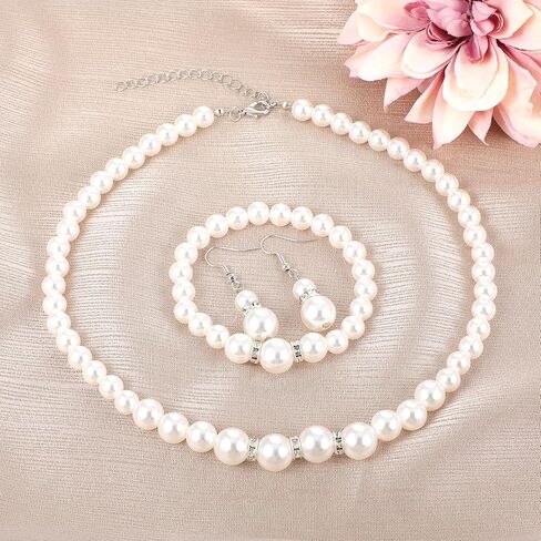 Yolev Pearl Jewelry Set for Women White Faux Pearl Earrings and Necklace Bracelet Set Rhinestone Crystal Pearl Set Jewelry for Women Bridal Wedding Birthday Valentine Christmas Day Gifts in Saudi Arabia