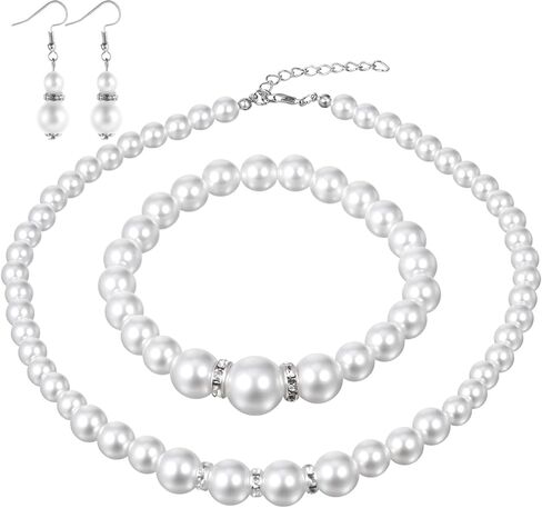 Yolev Pearl Jewelry Set for Women White Faux Pearl Earrings and Necklace Bracelet Set Rhinestone Crystal Pearl Set Jewelry for Women Bridal Wedding Birthday Valentine Christmas Day Gifts in Saudi Arabia