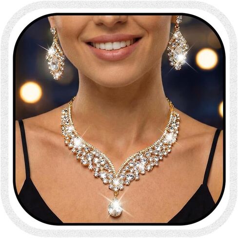 Unicra Gold Indian Wedding Jewelry Sets Rhinestone Necklace Earrings Set Prom Formal Costume Jewelry for Women and Brides in Saudi Arabia