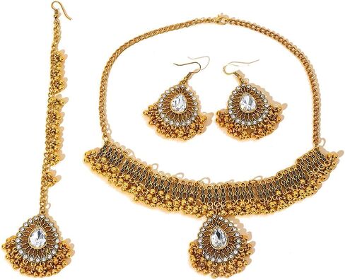 OIDIMS Fashion Choker Necklace Earring Maang Tikka مجموعات مجوهرات نسائية بوهيمية Jhumka Jhumki أقراط متدلية قلادات كريستال زفاف زفاف Mangtika إكسسوارات الشعر مجوهرات للسيدات in Saudi Arabia