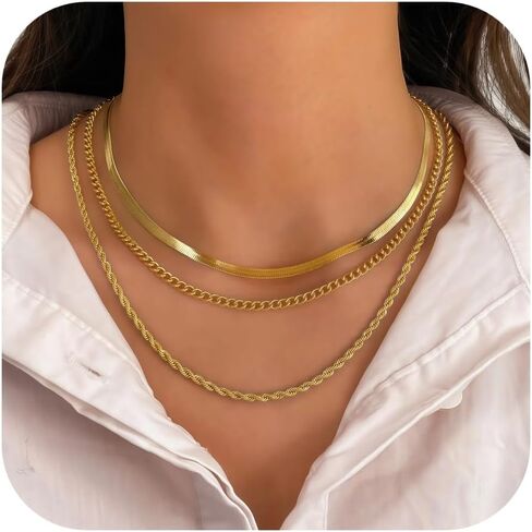 Gold Necklace Stack for Women, Non-Tarnish Layered Gold Choker & Chain Set, Dainty Layering Rope Cuban Necklaces Trendy Jewelry Gift in Saudi Arabia