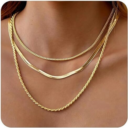 Gold Necklace Stack for Women, Non-Tarnish Layered Gold Choker & Chain Set, Dainty Layering Rope Cuban Necklaces Trendy Jewelry Gift in Saudi Arabia