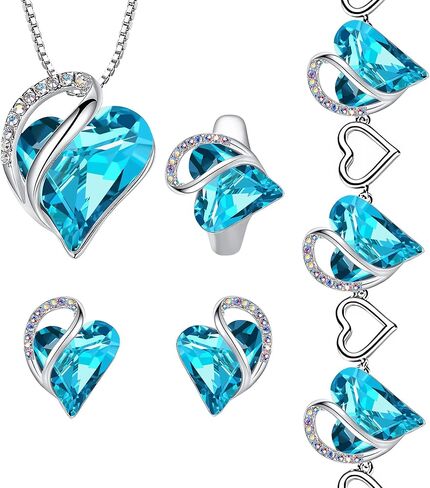 Leafael Infinity Love Heart Necklace, Stud Earrings, Bracelet, and Ring Set, December Birthstone Crystal Jewelry, Silver Tone Gifts for Women, Turquoise Aquamarine Blue in Saudi Arabia
