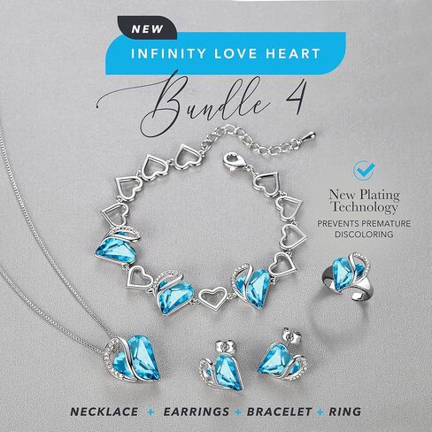 Leafael Infinity Love Heart Necklace, Stud Earrings, Bracelet, and Ring Set, December Birthstone Crystal Jewelry, Silver Tone Gifts for Women, Turquoise Aquamarine Blue in Saudi Arabia