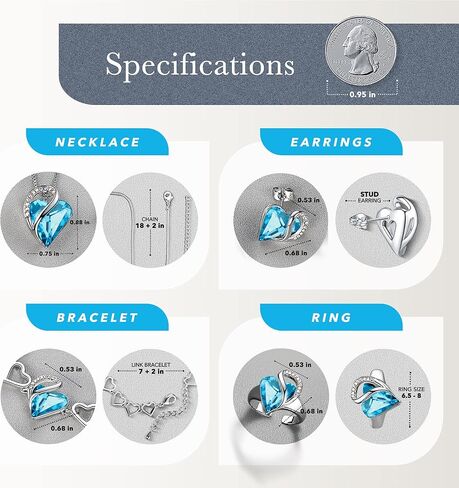 Leafael Infinity Love Heart Necklace, Stud Earrings, Bracelet, and Ring Set, December Birthstone Crystal Jewelry, Silver Tone Gifts for Women, Turquoise Aquamarine Blue in Saudi Arabia