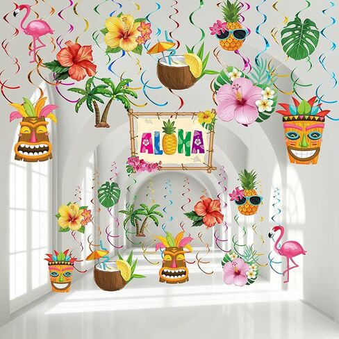 30 Pieces Hawaiian Luau Birthday Party Hanging Swirl Decorations, Flower Tropical Palm Flamingo Sign Foil Ceiling Decor for Floral Tropical Party Summer Beach Pool Party Tiki Party Supplies (Summer) in Kuwait