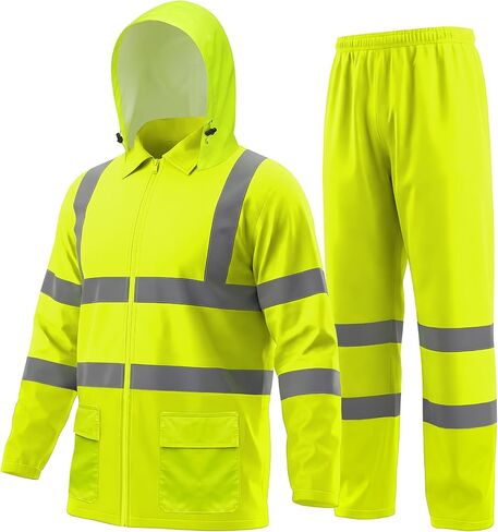 MGP SUPPLY بدلة مطر عالية الوضوح من الفئة 3 - سترة وسروال مطر مقاوم للماء|معدات مطر شديدة التحمل|مادة خفيفة الوزن وعاكسة in Kuwait