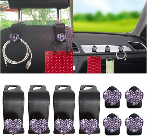 8PCS Bling Car Seat Headrest Hook, Rhinestone Crystal Heart Vehicle Seat Back Hanger, Automotive Interior Decoration Storage Accessories for Purse Umbrellas, Universal Fit (Red) in Saudi Arabia
