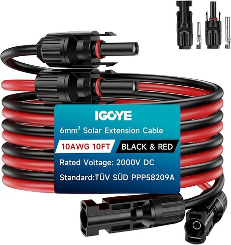 كابل تمديد للطاقة الشمسية 10AWG بطول 2 × 20 قدم كابل لوحة شمسية مع موصلات مقاومة للماء للإناث والذكور، سلك تمديد اللوحة الكهروضوئية 6 مم²، للألواح الكهروضوئية وأجهزة التحكم والأنظمة خارج الشبكة (20 قدم أحمر + 20 قدم أسود) in Kuwait