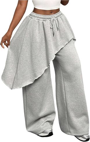 SOLY HUX Women's Drawstring Sweatpants Elastic Waist Casual Baggy Wide Leg Pants with Asymmetrical Skirt in Saudi Arabia