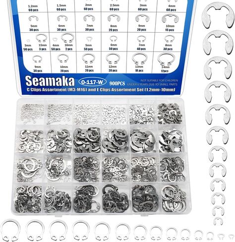 Seamaka 900Pcs E-Clips Assortment Set(2.0mm-12mm) and C Clips Assortment (M5-M16),Snap Rings Assortment Kit,24 Sizes Black Carbon Steel Circlip Retaining Clip,External Retaining Rings O-117 in Saudi Arabia