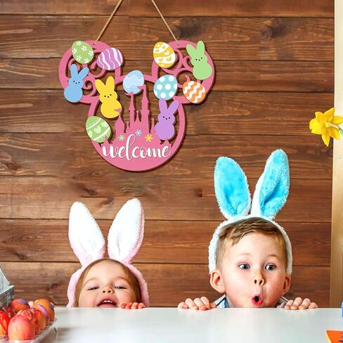 علامة باب أرنب عيد الفصح، عيد الفصح سعيد ترحيب زخارف معلقة خشبية، بيض عيد الفصح لوحة أرنب علامة الجدار شماعات ديكور الربيع الوردي للباب الأمامي الشرفة ساحة ديكورات المنزل على شكل فأر in Kuwait