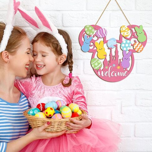 علامة باب أرنب عيد الفصح، عيد الفصح سعيد ترحيب زخارف معلقة خشبية، بيض عيد الفصح لوحة أرنب علامة الجدار شماعات ديكور الربيع الوردي للباب الأمامي الشرفة ساحة ديكورات المنزل على شكل فأر in Kuwait