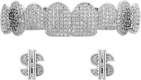 Hip Hop 14K Silver Grillz Teeth Upper 8 Teeth Cap and 2 Pieces Single Silver Grillz Teeth Cap for Bottom Teeth Men and Women DIY Braces to Match your Preferences in Saudi Arabia