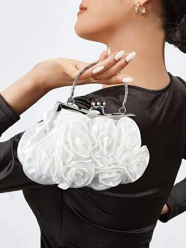 White Evening Clutch Purses for Women, Elegant White Rose Floral Handbag Small Flower Evening Bag with Detachable Chain for Wedding, Party, Prom in Saudi Arabia