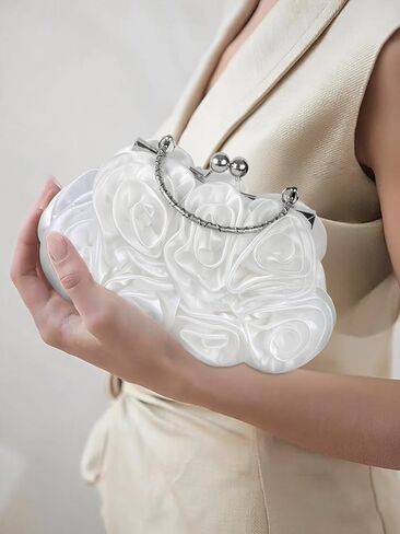 White Evening Clutch Purses for Women, Elegant White Rose Floral Handbag Small Flower Evening Bag with Detachable Chain for Wedding, Party, Prom in Saudi Arabia