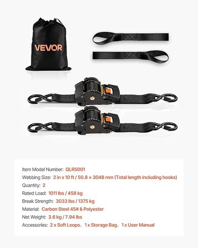 VEVOR أشرطة السقاطة القابلة للسحب، 2 بوصة × 10 قدم، أشرطة ربط لأسفل مع خطافات S، قوة كسر 3033 رطل، حلقتان ناعمتان، ربط للأسفل للتحرك، المقطورات، الدراجات النارية، قوارب الكاياك، سقف السيارة، عبوتان in Saudi Arabia