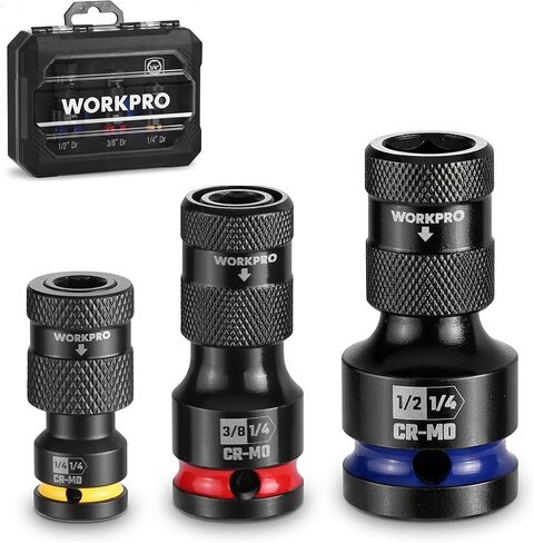 WORKPRO 3/8-inch Square to 1/4-inch Hex Quick Release Impact Socket Adapter and Bit Holder for Ratchet Wrenches, Drivers, Drills - Made from Durable CR-MO Steel in Saudi Arabia