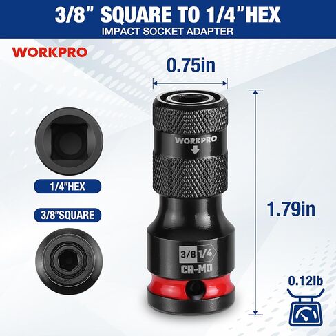 WORKPRO 3/8-inch Square to 1/4-inch Hex Quick Release Impact Socket Adapter and Bit Holder for Ratchet Wrenches, Drivers, Drills - Made from Durable CR-MO Steel in Saudi Arabia