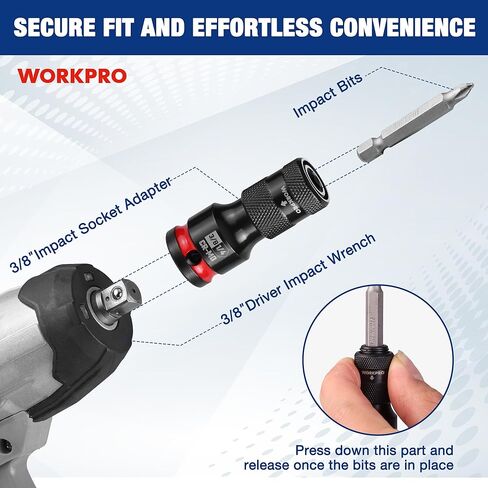 WORKPRO 3/8-inch Square to 1/4-inch Hex Quick Release Impact Socket Adapter and Bit Holder for Ratchet Wrenches, Drivers, Drills - Made from Durable CR-MO Steel in Saudi Arabia
