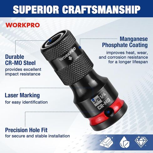 WORKPRO 3/8-inch Square to 1/4-inch Hex Quick Release Impact Socket Adapter and Bit Holder for Ratchet Wrenches, Drivers, Drills - Made from Durable CR-MO Steel in Saudi Arabia