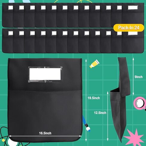 24 حزمة من جيوب الكراسي للفصول الدراسية، 16.5 بوصة × 19.5 بوصة، منظمات ظهر الكرسي الأسود شديدة التحمل 600D أكسفورد مع علامات الاسم، أكياس مقعد لأساسيات مدرسي العودة إلى المدرسة ومستلزمات رياض الأطفال والصف الثالث in Kuwait