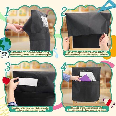 24 حزمة من جيوب الكراسي للفصول الدراسية، 16.5 بوصة × 19.5 بوصة، منظمات ظهر الكرسي الأسود شديدة التحمل 600D أكسفورد مع علامات الاسم، أكياس مقعد لأساسيات مدرسي العودة إلى المدرسة ومستلزمات رياض الأطفال والصف الثالث in Kuwait