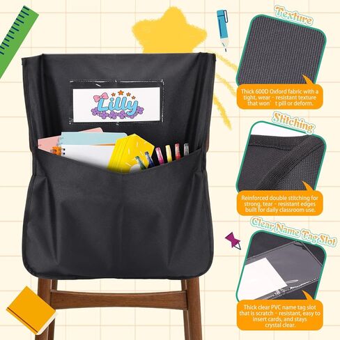 24 حزمة من جيوب الكراسي للفصول الدراسية، 16.5 بوصة × 19.5 بوصة، منظمات ظهر الكرسي الأسود شديدة التحمل 600D أكسفورد مع علامات الاسم، أكياس مقعد لأساسيات مدرسي العودة إلى المدرسة ومستلزمات رياض الأطفال والصف الثالث in Kuwait