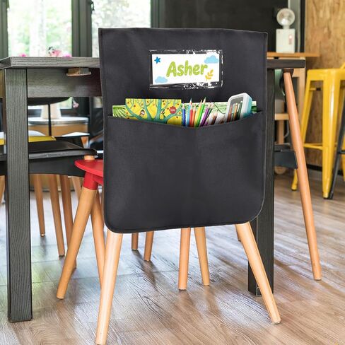 24 حزمة من جيوب الكراسي للفصول الدراسية، 16.5 بوصة × 19.5 بوصة، منظمات ظهر الكرسي الأسود شديدة التحمل 600D أكسفورد مع علامات الاسم، أكياس مقعد لأساسيات مدرسي العودة إلى المدرسة ومستلزمات رياض الأطفال والصف الثالث in Kuwait