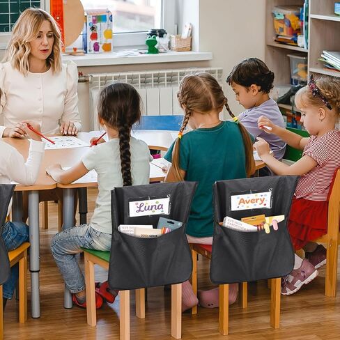 24 حزمة من جيوب الكراسي للفصول الدراسية، 16.5 بوصة × 19.5 بوصة، منظمات ظهر الكرسي الأسود شديدة التحمل 600D أكسفورد مع علامات الاسم، أكياس مقعد لأساسيات مدرسي العودة إلى المدرسة ومستلزمات رياض الأطفال والصف الثالث in Kuwait