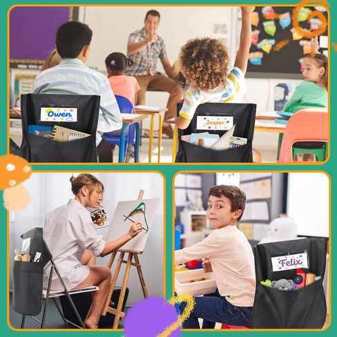 24 حزمة من جيوب الكراسي للفصول الدراسية، 16.5 بوصة × 19.5 بوصة، منظمات ظهر الكرسي الأسود شديدة التحمل 600D أكسفورد مع علامات الاسم، أكياس مقعد لأساسيات مدرسي العودة إلى المدرسة ومستلزمات رياض الأطفال والصف الثالث in Kuwait