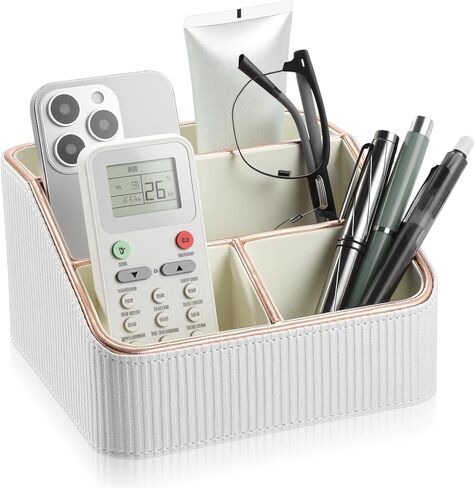 1 Pieces Remote Control Holder with 4 Compartments, PU Leather Small Nightstand Organizer for Home Desk Accessories Office Supplies, Multifunctional Stylish Small Bedside Desktop Organizers (White) in Saudi Arabia