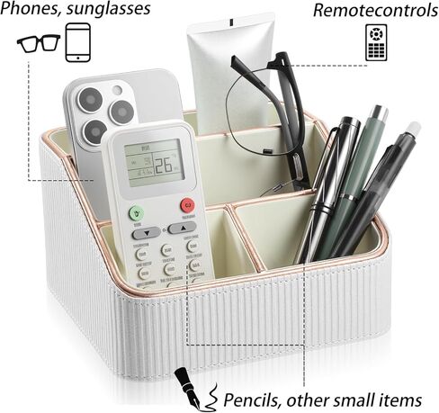 1 Pieces Remote Control Holder with 4 Compartments, PU Leather Small Nightstand Organizer for Home Desk Accessories Office Supplies, Multifunctional Stylish Small Bedside Desktop Organizers (White) in Saudi Arabia