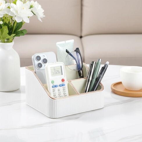 1 Pieces Remote Control Holder with 4 Compartments, PU Leather Small Nightstand Organizer for Home Desk Accessories Office Supplies, Multifunctional Stylish Small Bedside Desktop Organizers (White) in Saudi Arabia