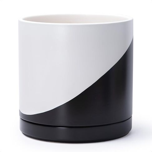 D'vine Dev 4.7 Inch Ceramic Planter Pot with Drainage Hole and Saucer, Indoor Cylinder Round Planter Pot, Black, 94-O-B-2 in Kuwait