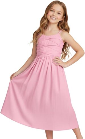 WELAKEN Girls Sleeveless Spaghetti Strap Dress with Bow Decor - Twirl-Friendly Summer Sundress in Saudi Arabia