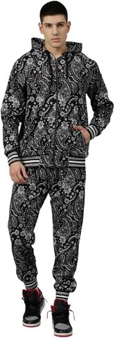 Go Devil Men's Paisley Design Hooded 2 Piece Printed Black Full Zip Hoodies Athletic Jogging Sweatsuits Long Sleeve Cord Set in Saudi Arabia