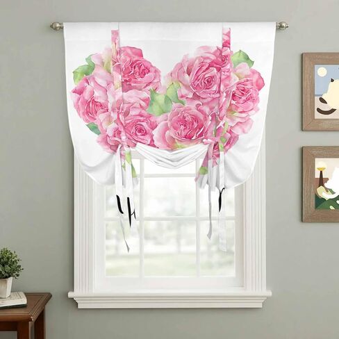 Valentine's Day Tie Up Curtains for Window, Pink Roses Love Heart Romantic Thermal Insulated Balloon Shade Adjustable Rod Pocket Curtains Valance Panels for Kitchen Bathroom Café 42'' x 45'' in Saudi Arabia