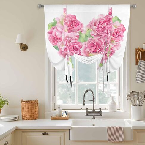 Valentine's Day Tie Up Curtains for Window, Pink Roses Love Heart Romantic Thermal Insulated Balloon Shade Adjustable Rod Pocket Curtains Valance Panels for Kitchen Bathroom Café 42'' x 45'' in Saudi Arabia