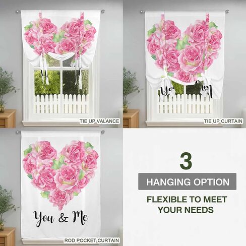 Valentine's Day Tie Up Curtains for Window, Pink Roses Love Heart Romantic Thermal Insulated Balloon Shade Adjustable Rod Pocket Curtains Valance Panels for Kitchen Bathroom Café 42'' x 45'' in Saudi Arabia