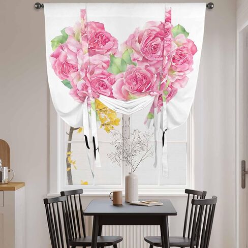 Valentine's Day Tie Up Curtains for Window, Pink Roses Love Heart Romantic Thermal Insulated Balloon Shade Adjustable Rod Pocket Curtains Valance Panels for Kitchen Bathroom Café 42'' x 45'' in Saudi Arabia
