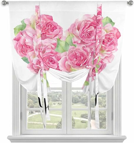 Valentine's Day Tie Up Curtains for Window, Pink Roses Love Heart Romantic Thermal Insulated Balloon Shade Adjustable Rod Pocket Curtains Valance Panels for Kitchen Bathroom Café 42'' x 45'' in Saudi Arabia