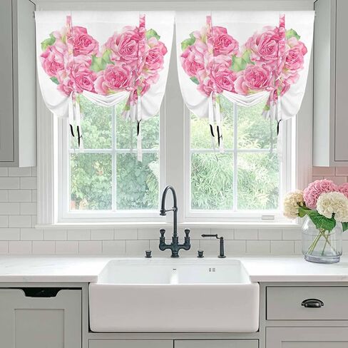Valentine's Day Tie Up Curtains for Window, Pink Roses Love Heart Romantic Thermal Insulated Balloon Shade Adjustable Rod Pocket Curtains Valance Panels for Kitchen Bathroom Café 42'' x 45'' in Saudi Arabia