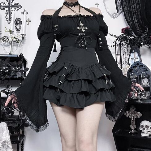 TSMNZMU Womens Gothic Ruffle Skirt - Aesthetic Grunge Puffy Skirts - Dark Punk Layered Mini Skirt in Saudi Arabia