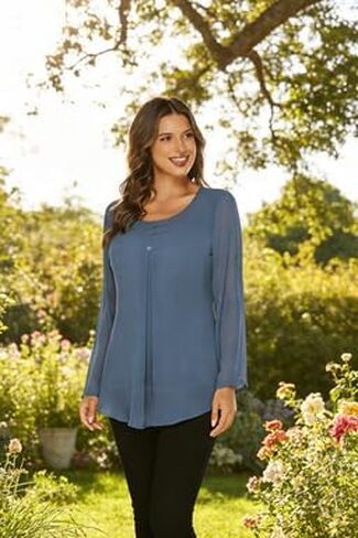 Women's Chiffon Blouse with 3/4 Roll-Up Sleeves – Round Neck Layered Flowy Elegant Casual Office Blouse in Saudi Arabia