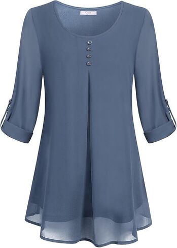 Women's Chiffon Blouse with 3/4 Roll-Up Sleeves – Round Neck Layered Flowy Elegant Casual Office Blouse in Saudi Arabia