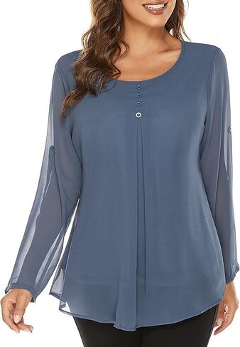 Women's Chiffon Blouse with 3/4 Roll-Up Sleeves – Round Neck Layered Flowy Elegant Casual Office Blouse in Saudi Arabia