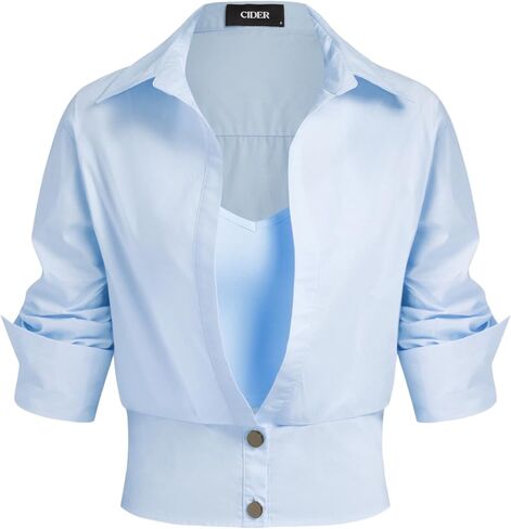 CIDER Shirts for Women Blouse Collar Button Down Shirt Mid-Length Sleeve Shirt with Cami Regular Fit Top Blue in Saudi Arabia